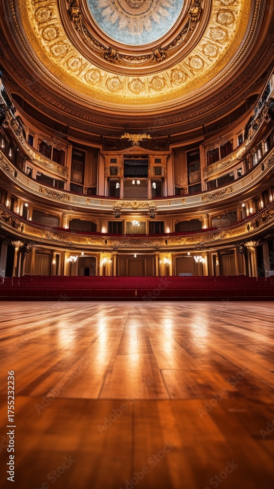 Obraz premium Captivating Elegance of a Grand Theater Interior Featuring Ornate Architecture and Sparkling Chandeliers Under a Richly Adorned Ceiling