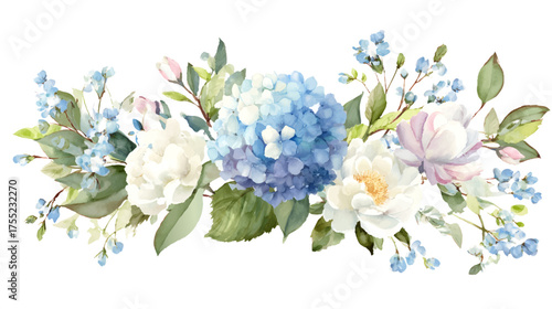 A beautiful floral arrangement featuring blue hydrangeas, white peonies, and delicate blue flowers with green leaves, suitable for backgrounds or decorative purposes on white background