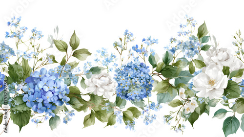A beautiful floral arrangement featuring blue hydrangeas, white peonies, and delicate blue flowers with green leaves, suitable for backgrounds or decorative purposes on white background