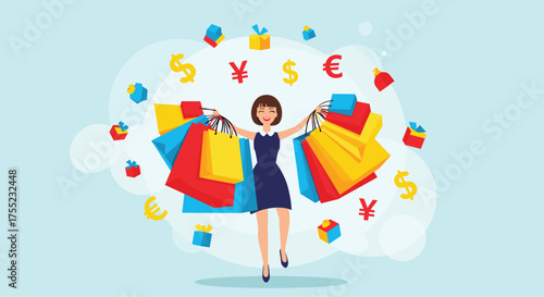 Cheerful woman enjoys shopping spree with colorful bags and gifts, surrounded by money symbols, perfect for retail promotions and seasonal sales campaigns