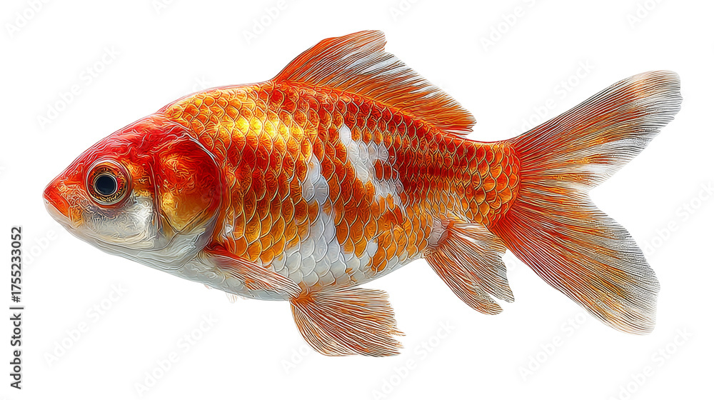 Fototapeta premium A vibrant orange and white goldfish swims gracefully, depicted against a clean white background.