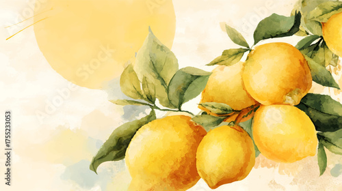 Watercolor painting of lemons with green leaves on a light background.