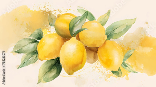 Watercolor painting of lemons with green leaves on a light background.