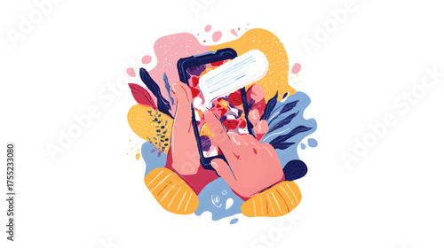 Illustration of hands holding a smartphone with a play button on the screen, surrounded by colorful abstract shapes and music notes.