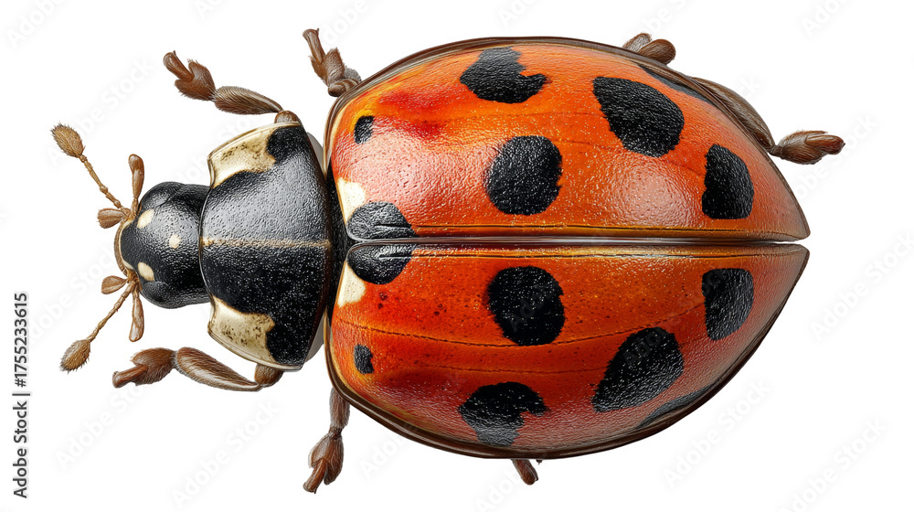 Fototapeta premium A detailed, top-down view of a red ladybug with black spots on a clean white background.