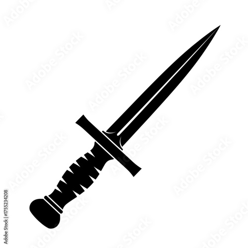 A black and white silhouette of a combat knife