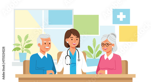 Caring doctor consults with senior couple in bright office, offering compassionate healthcare and advice for healthy living, showcasing trust and expertise