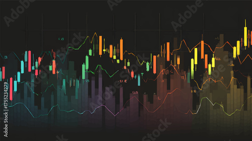 Abstract financial chart with rising candlestick graph and bar chart on dark blue background.