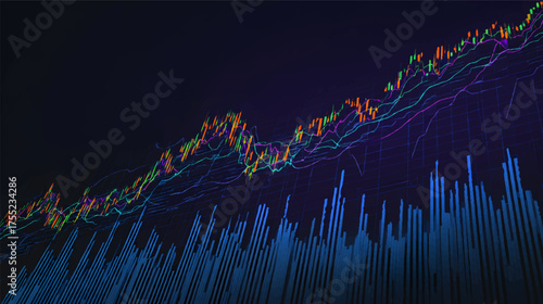 Abstract financial chart with rising candlestick graph and bar chart on dark blue background.