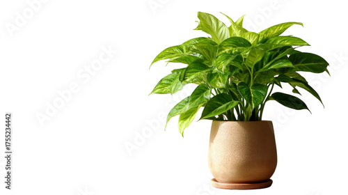 A lush green potted plant sits on a surface against a neutral background, showcasing natural indoor beauty.