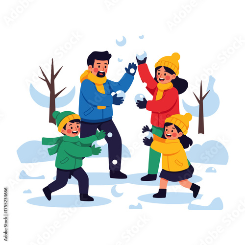 A happy family of four having a fun snowball fight together in a snowy winter park.