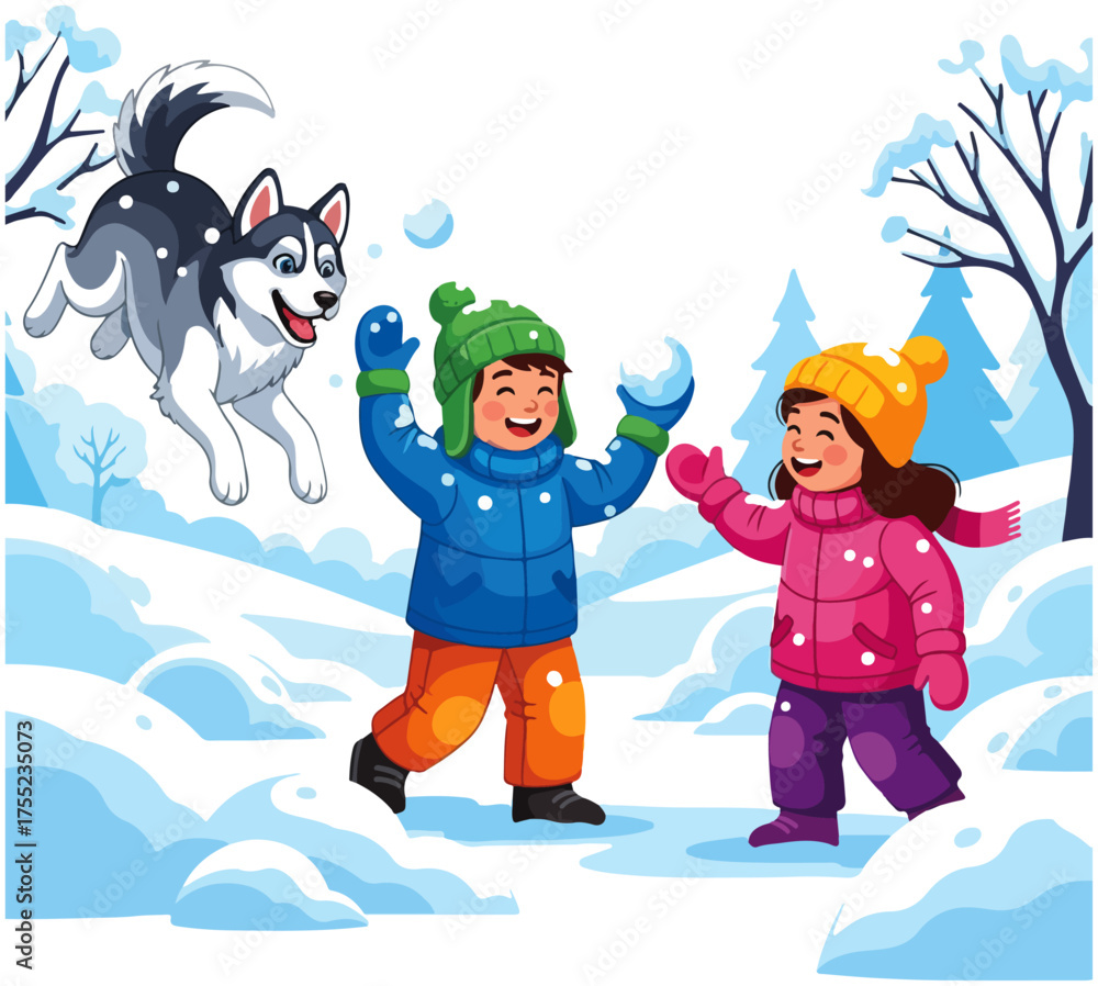 Fototapeta premium Happy children and a husky dog playing together in a snowy winter landscape illustration.