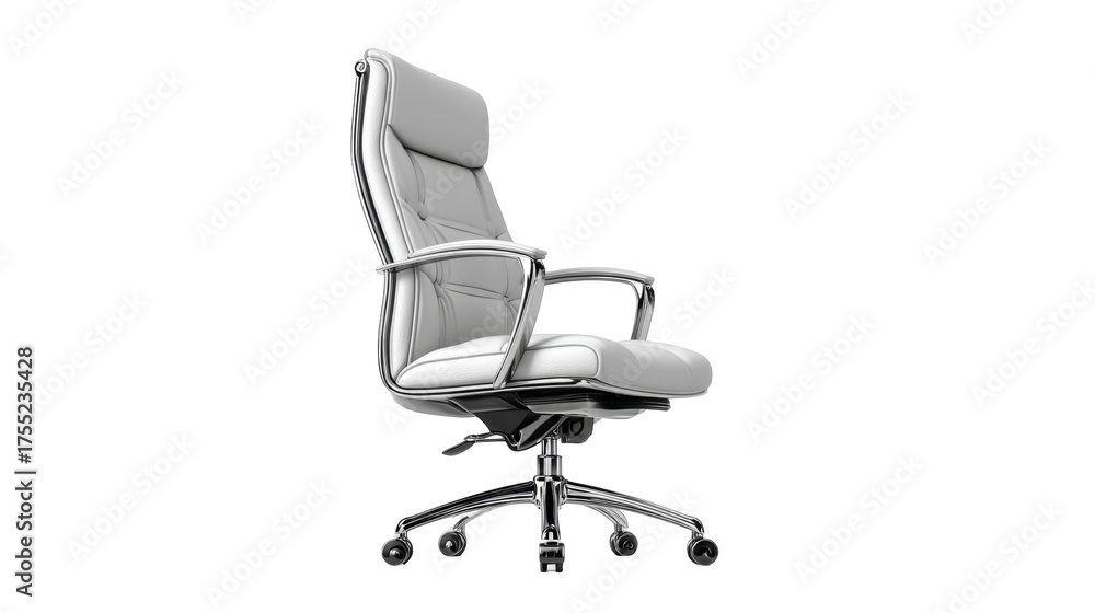 Obraz premium A modern, white leather executive office chair with a swivel base and metallic accents, isolated on a clean white background.
