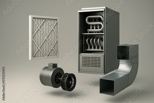 A collection of HVAC components displayed, including a filter, fan, heat exchanger, and ductwork, illustrating essential elements of heating and cooling systems.
