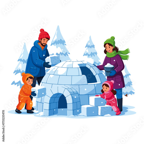 Family building an igloo in a snowy landscape with pine trees.