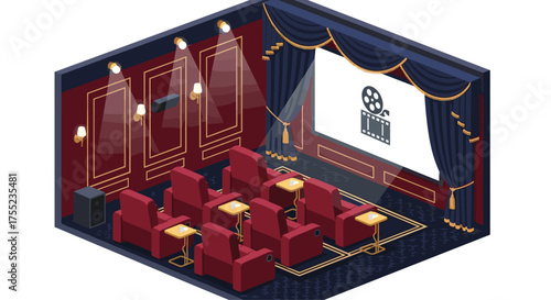 Private movie theater with luxurious red seating, creating an immersive cinematic escape for ultimate entertainment and relaxation