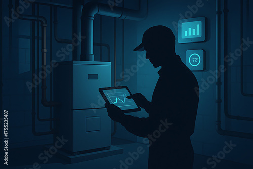 A technician analyzes data on a tablet in a dimly lit mechanical room, surrounded by pipes and a heating unit, showcasing a blend of technology and maintenance.