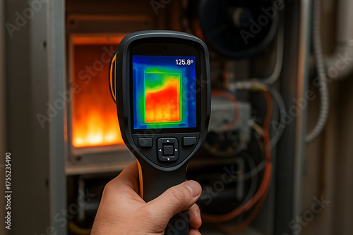 A person holds a thermal camera displaying temperature readings from a heating system, showcasing its functionality and monitoring heat distribution.