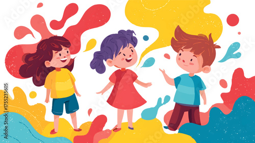 Colorful illustration of three smiling friends with arms around each other, set against a vibrant abstract background.