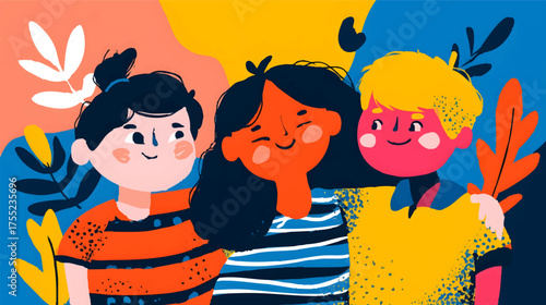Colorful illustration of three smiling friends with arms around each other, set against a vibrant abstract background.