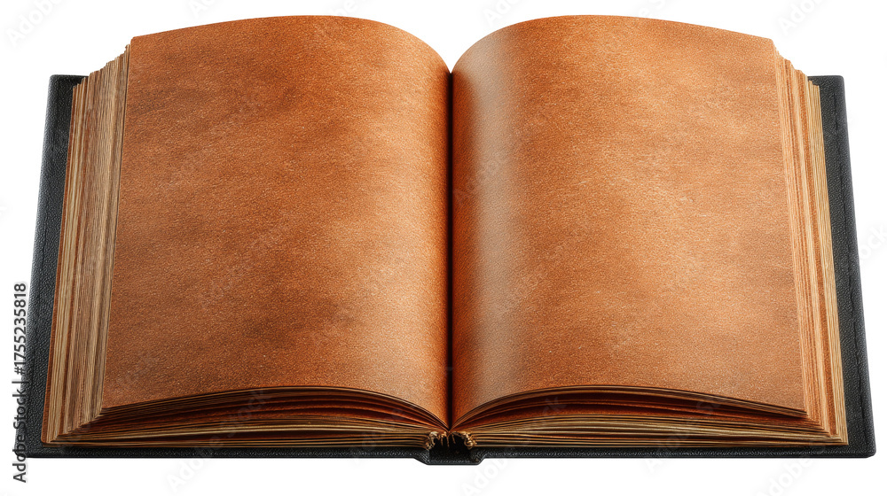 Fototapeta premium An open vintage book displays its textured, sepia-toned blank pages, presented on a pure white background.