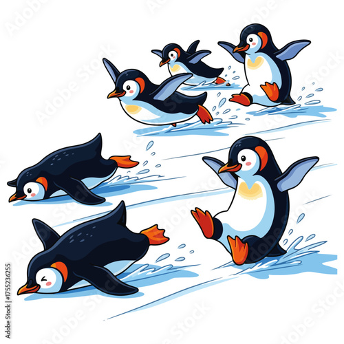 A group of adorable cartoon penguins happily sliding and playing together on a snowy, icy surface.