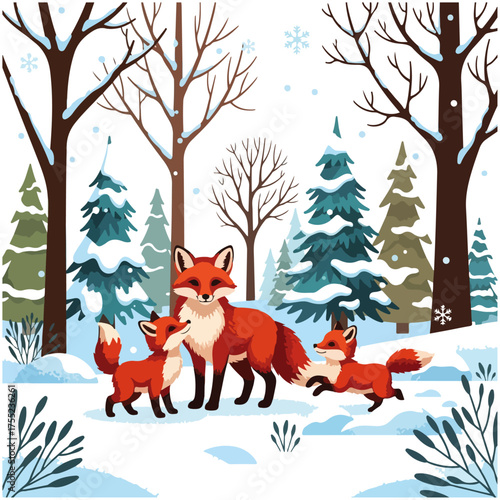 A family of foxes in a snowy forest during winter, with snowflakes falling.
