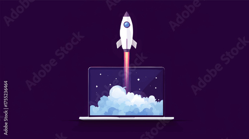 A rocket launching from a laptop screen, surrounded by clouds and sparkles, representing innovation and technology vector illustration
