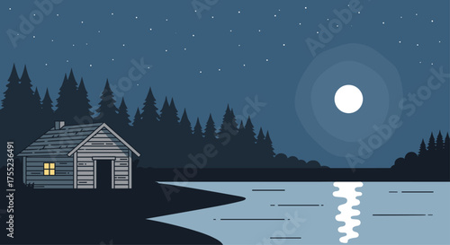 A secluded lakeside cabin under the moonlight, surrounded by tranquil forest scenery and twinkling stars for a peaceful, cozy retreat