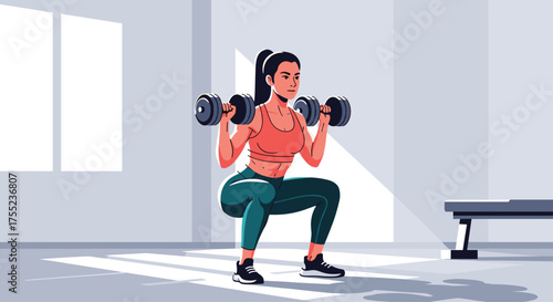 Dynamic woman performing dumbbell squats in a modern gym for fitness goals, strength training, and healthy lifestyle promotions, ideal for activewear campaigns