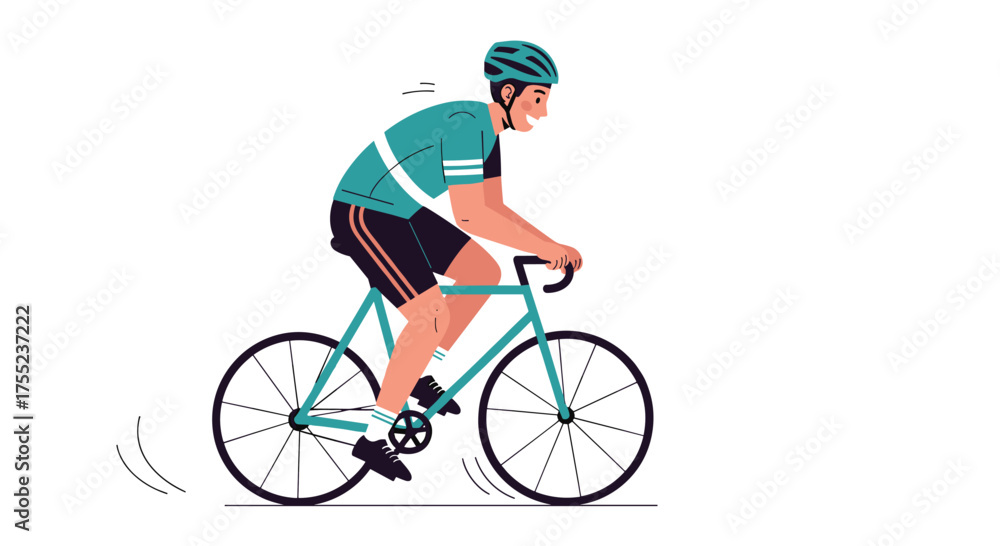 Fototapeta premium Smiling cyclist enjoying a ride, wearing a helmet and sporty gear, perfect for fitness blogs or active lifestyle promotions, showcasing health and vitality