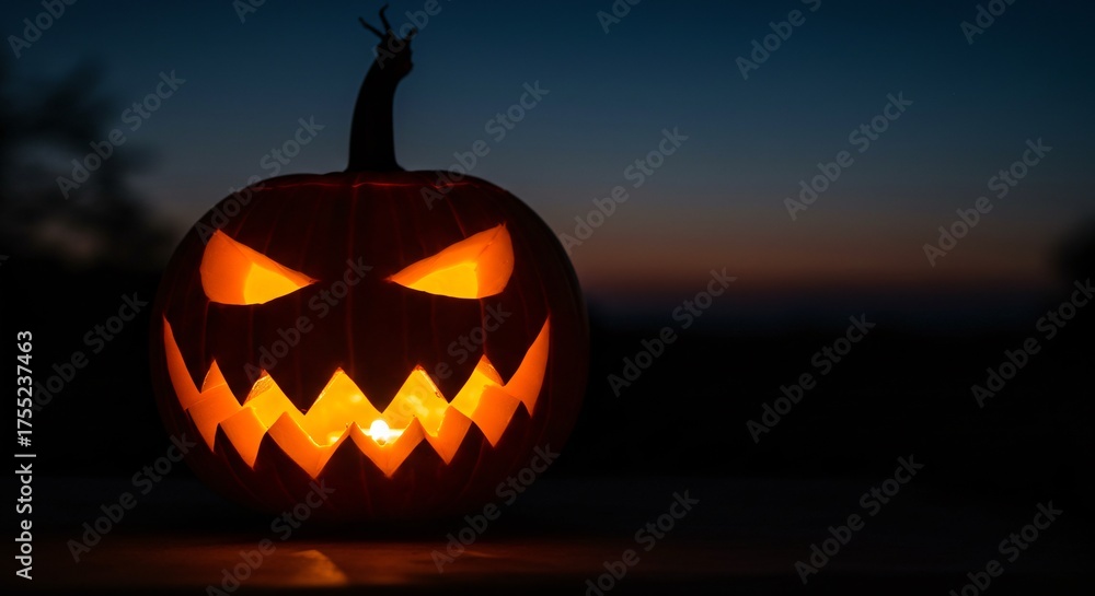 Obraz premium Spooky Jack O Lantern Glows With Evil Eyes and Jagged Smile on Halloween Night
