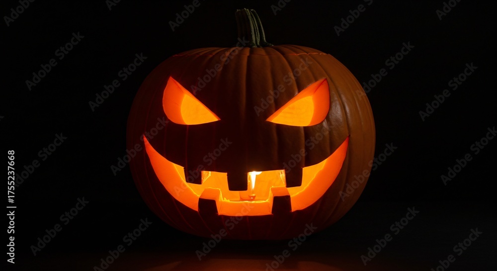 Obraz premium Scary Jack O Lantern Glowing In The Dark With A Fiery Orange Light