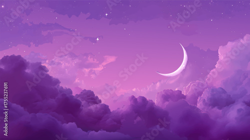 A dreamy night sky filled with purple clouds, twinkling stars, and a crescent moon