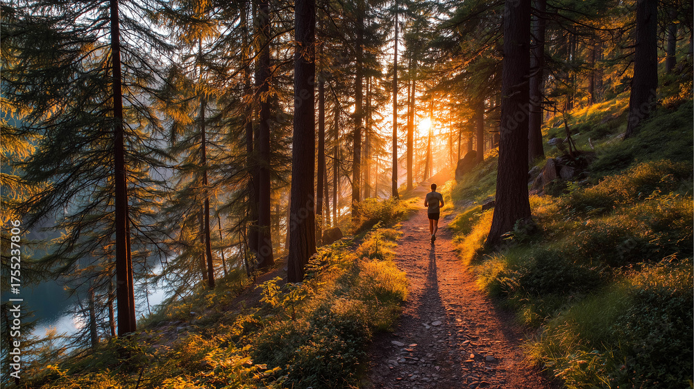 Obraz premium Man jogging through a forest trail at sunrise