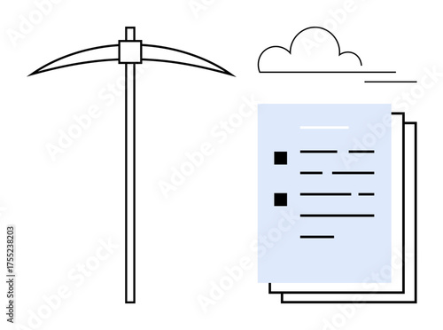 Pickaxe beside layered documents topped with a cloud, suggesting data mining, cloud storage, or digital exploration. Ideal for data analysis, cloud computing, research, storage, information