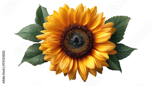 Wallpaper Mural A vibrant yellow sunflower with dark green leaves rests on a clean white background. Torontodigital.ca