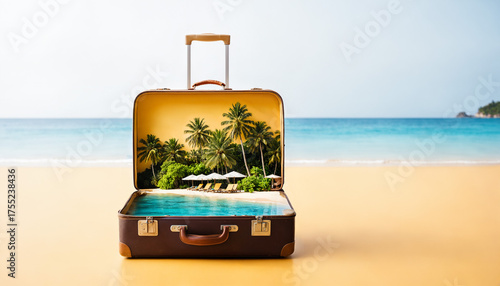 a vintage suitcase on a san...