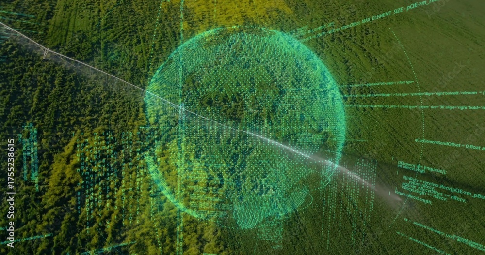 Fototapeta premium Hovering holographic data sphere above high-altitude forest canopy, with streaming computer code