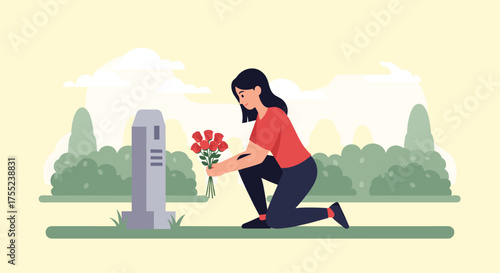 Remembering loved ones with red roses at the serene cemetery - a symbol of remembrance, sympathy, grief, love, and enduring connection
