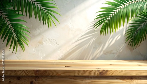 Tropical Oasis - Sunlight, Palm Leaves, and Wooden Surface.