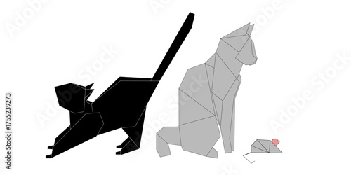 Vector animals in origami style, featuring a black cat in a playful pose, a gray cat sitting calmly, and a small mouse in front. Vector illustration