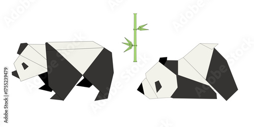 Vector animals in origami style featuring two panda bears. One is standing, and the other is lying down next to a bamboo stalk. Vector illustration