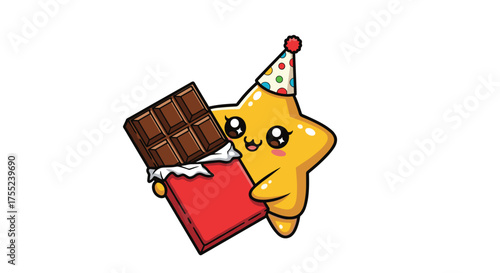 Adorable star cartoon character celebrates with decadent chocolate bar, perfect for birthdays, sweet treats, and fun loving designs that bring joy