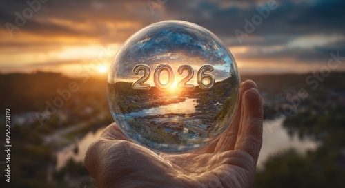 2026 New Year Vision with Hand Holding Crystal Ball Showing Scenic River Landscape at Sunset. Concept of Future, Hope and New Beginnings.