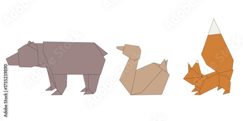 Vector animals in origami style, including a bear, duck, and fox. Each animal is depicted with geometric shapes and distinct colors.