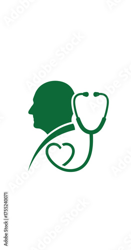 Promote preventative healthcare with green icon featuring a profile and stethoscope shaped like a heart, perfect for medical campaigns and health awareness