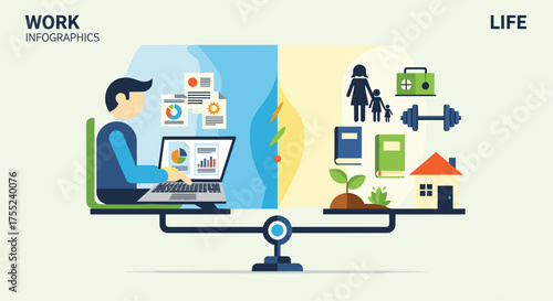 Achieve work life balance with family, home, and career goals in modern infographic concept, depicting scales balancing professional work with personal life