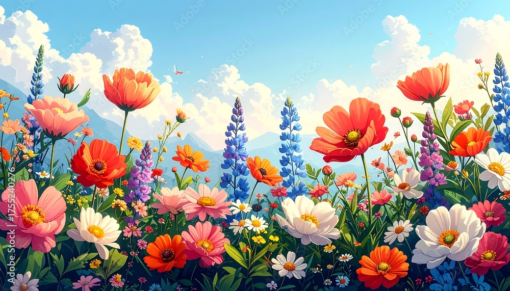 Fototapeta premium Vibrant Floral Meadow Under a Sunny Sky.