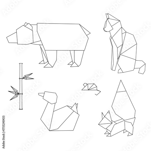 Vector animals in origami style, including a bear, cat, duck, rabbit, and fox, alongside bamboo elements. Simple line art design with geometric shapes.